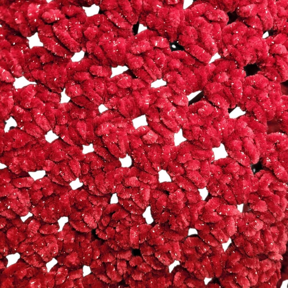 Handmade Red Velvety Smooth Sparkle Crochet Scarf Shawl with Fringe Open Weave - Picture 7 of 9